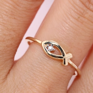 14k Solid Gold CZ Ring, Christian Fish Ring, Ishthys Ring, Confirmation Ring, Fish Ring