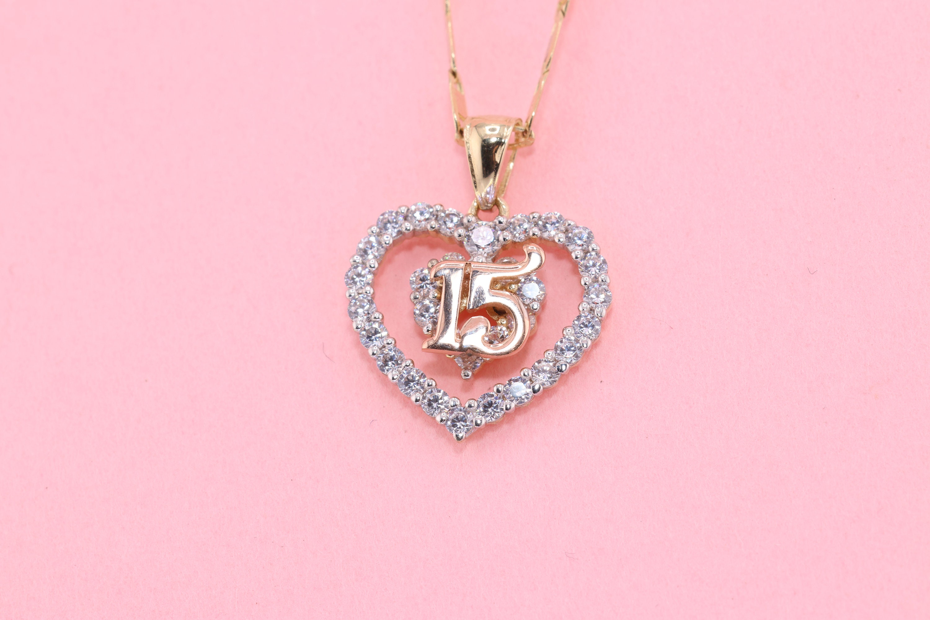 14K Gold 15 Anos Quinceanera Crown Pendant/ Fifteen CZ Stones for Sweet ...