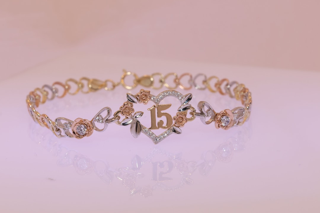 14k Gold Quinceanera Bracelet - Gemstone Heart - 4mm Straight Link Chain main image 1