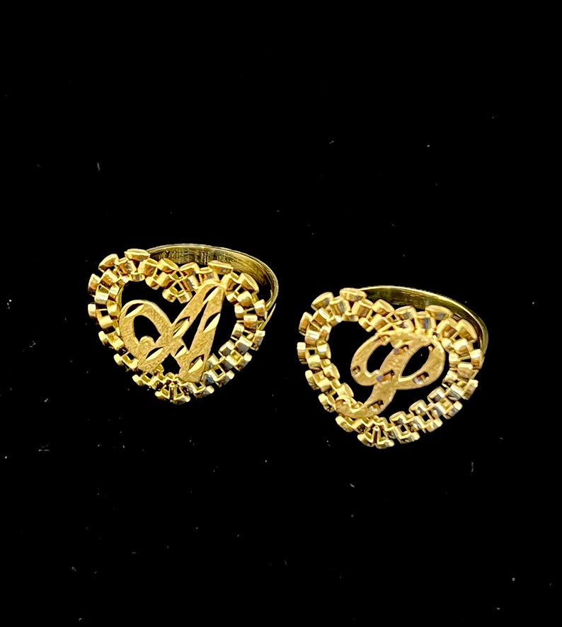 Real 10K Solid Yellow Gold Heart Initial Letter Ring – A-Z Sizes 4-11