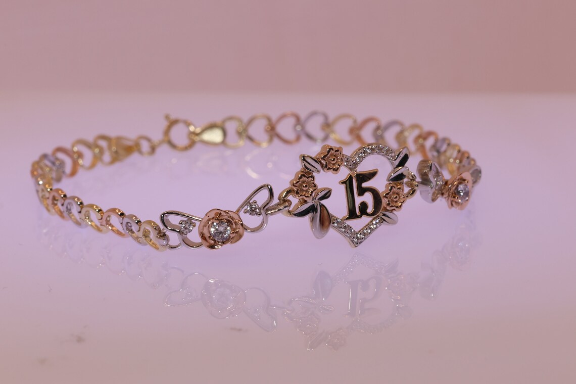 14K Gold 15 Anos Quinceanera Bracelet/ Fifteen CZ Stones for Etsy