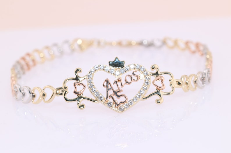 14K Gold 15 Anos Quinceanera Bracelet/ Fifteen CZ Stones for Sweet 15th