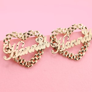 10K Yellow Gold Rollie Heart Personalized Diamond Cut Name Earrings/ Personalize Name Earrings