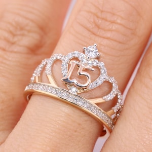14K Gold 15 Anos Quinceanera Crown RING/ Fifteen CZ Stones for Sweet 15 Birthday Gift / Gift for Her / Birthday Gift