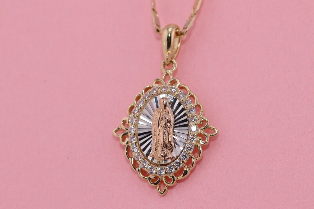 14k Solid Gold Virgin Mary Heart Pendant/ Virgin Maria Lady Guadalupe ...