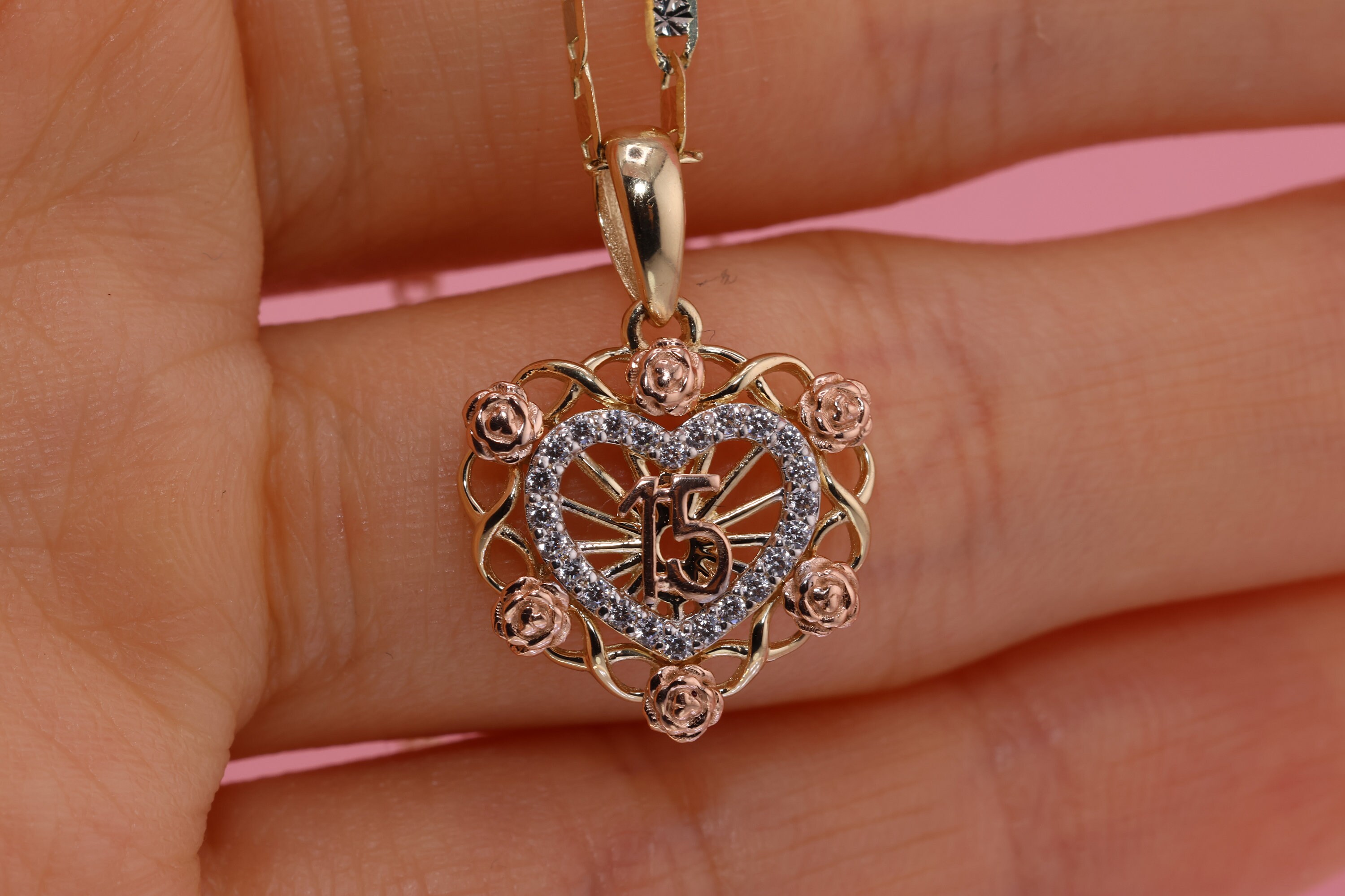 14K Gold 15 Anos Quinceanera Pendant/ Fifteen CZ Stones for Sweet 15th ...
