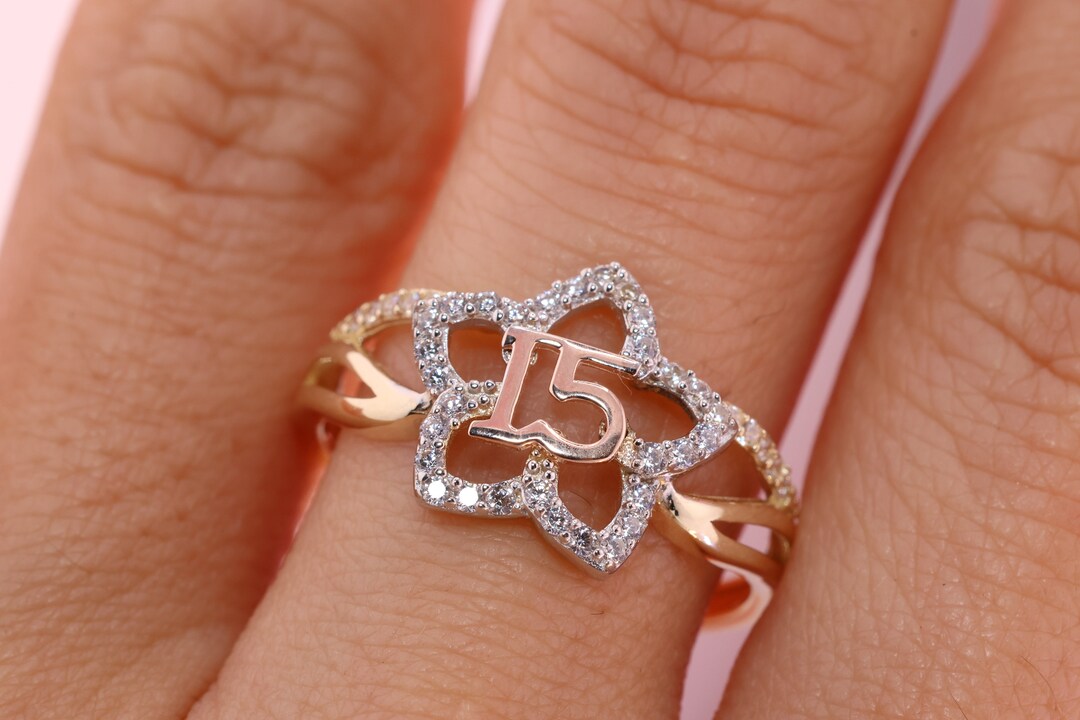 14K Gold 15 Anos Quinceanera Crown RING/ Fifteen CZ Stones for Sweet 15 ...