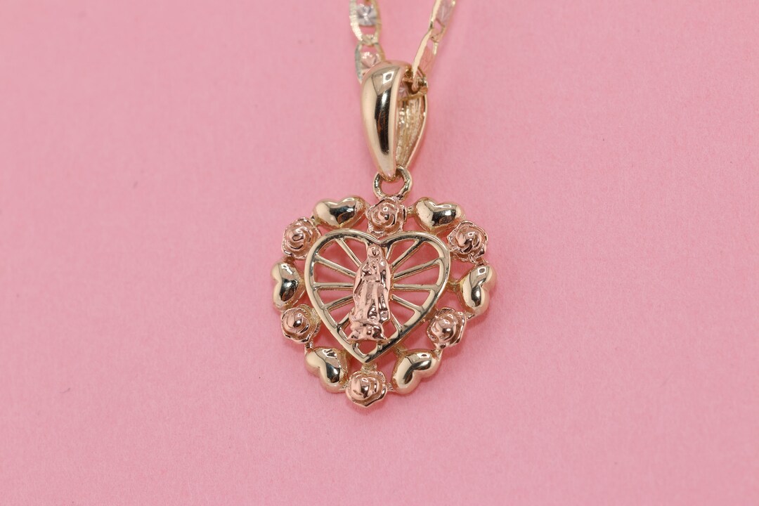 14k Solid Tiny Gold Virgin Mary Heart Pendant/ Virgin Maria Lady ...