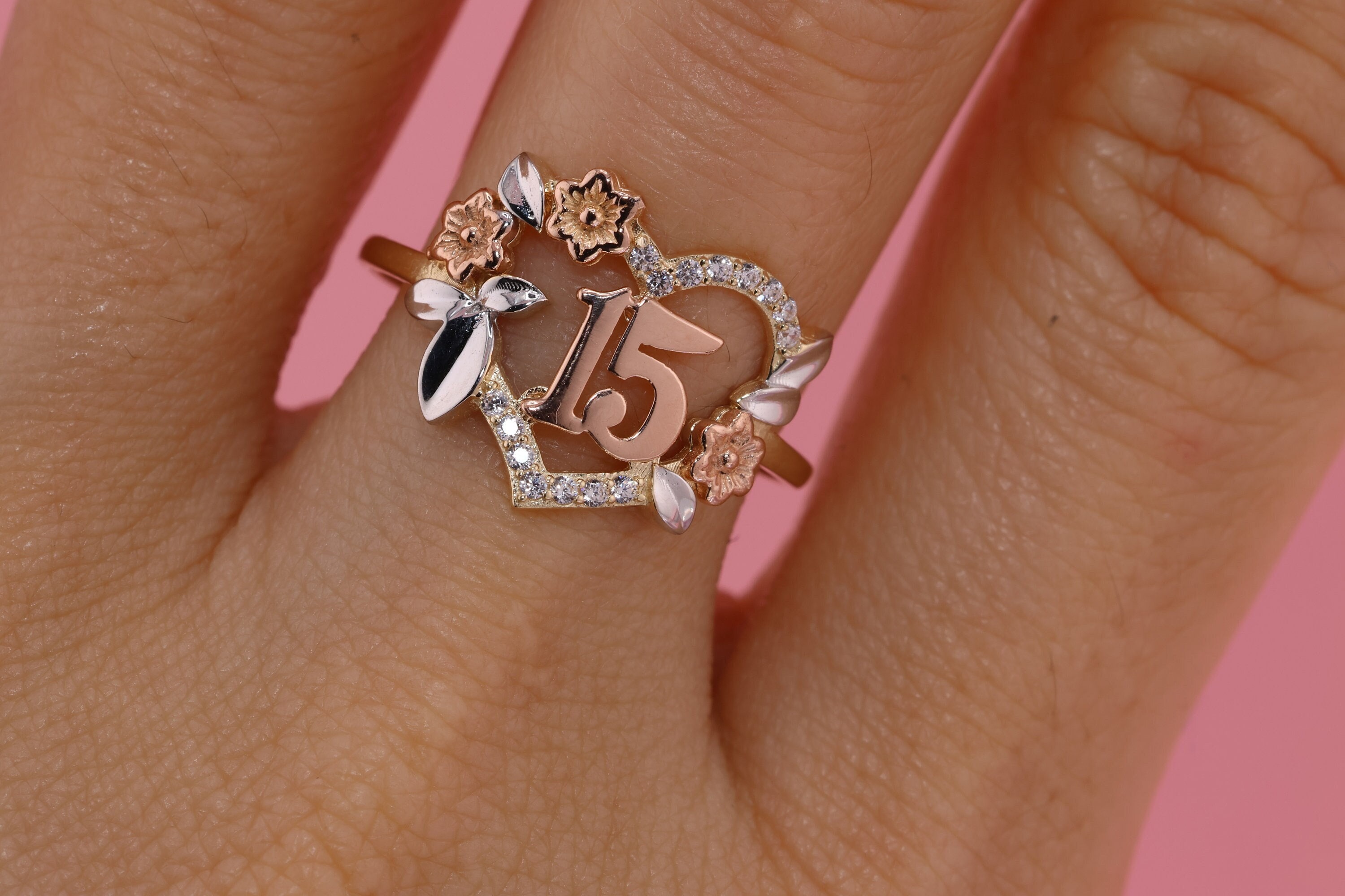 14K Gold 15 Anos Quinceanera Heart RING/ Fifteen CZ Stones for 