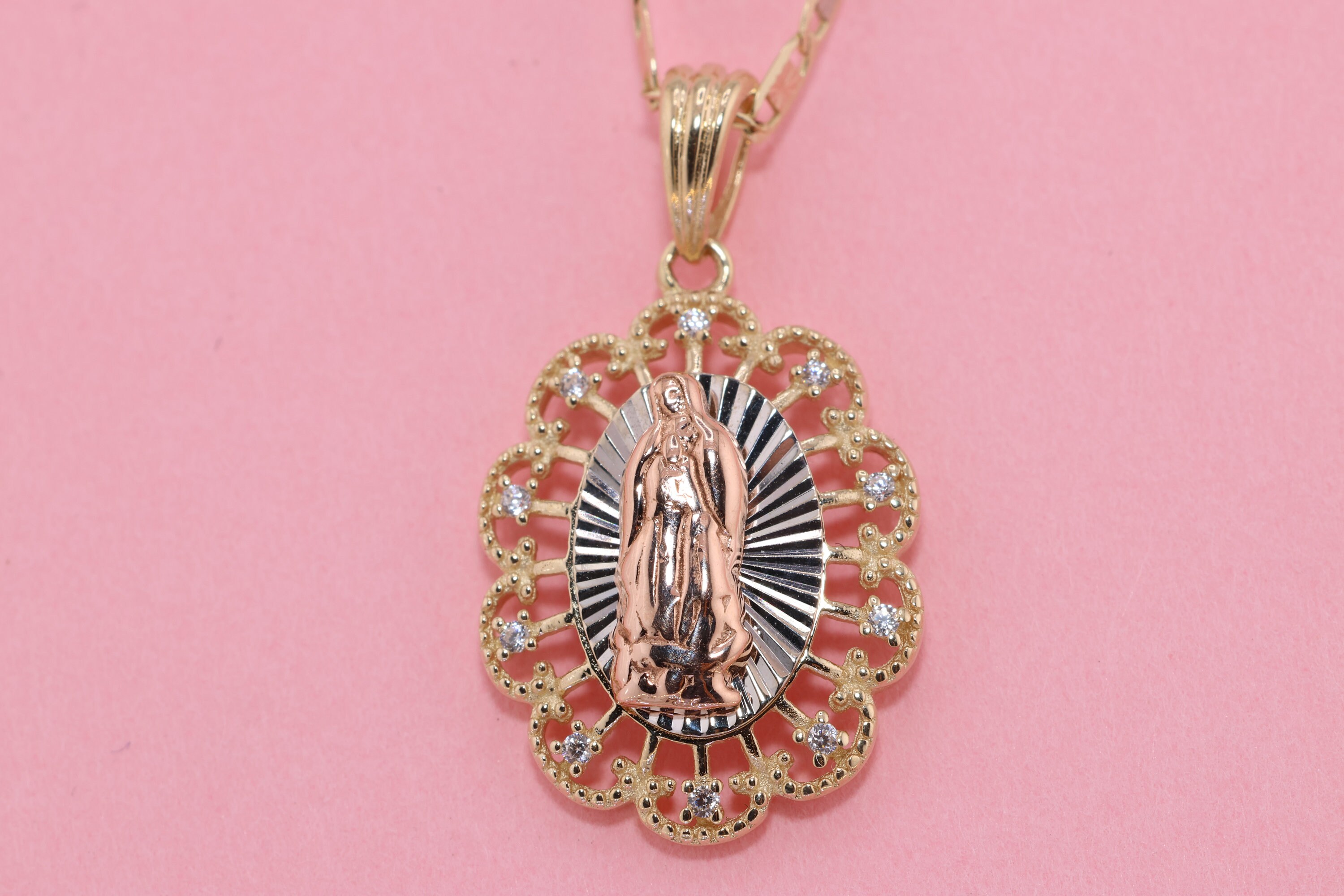 14k Solid Gold Virgin Mary Heart Pendant/ Virgin Maria Lady Guadalupe ...