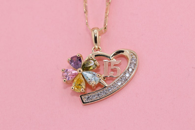 14K Gold 15 Anos Quinceanera Crown Pendant/ Fifteen CZ Stones for Sweet ...