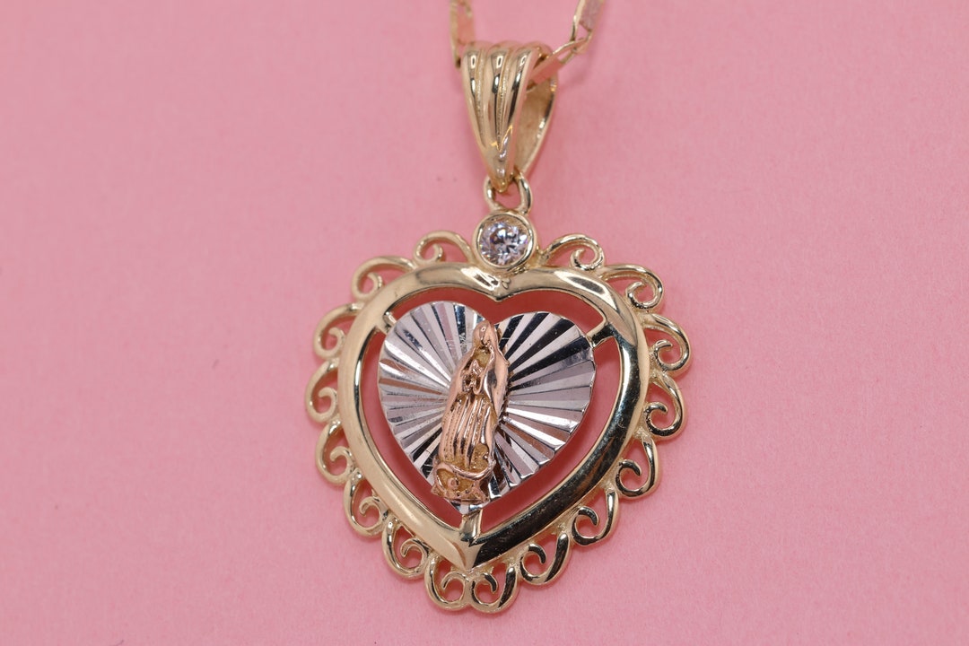 14k Solid Gold Virgin Mary Heart Pendant/ Virgin Maria Lady Guadalupe ...