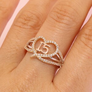 14K Gold 15 Anos Quinceanera HEART RING/ Fifteen CZ Stones for Sweet 15th Birthday Gift / Gift for Her / Birthday Gift