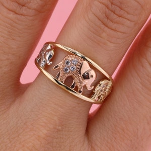 14k Tri Color CZ Elephant Band Ring / 14k Good Luck Elephant Band Ring / Animal Ring / 14k Lucky Rings