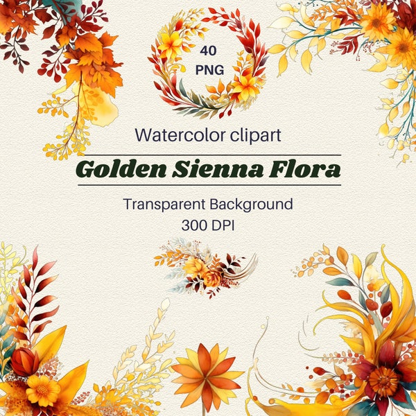 Golden Sienna - Watercolor Clipart - Wedding Clipart - Botanical Clipart - Digital download - Fall Clipart - Floral Clipart - Floral Borders