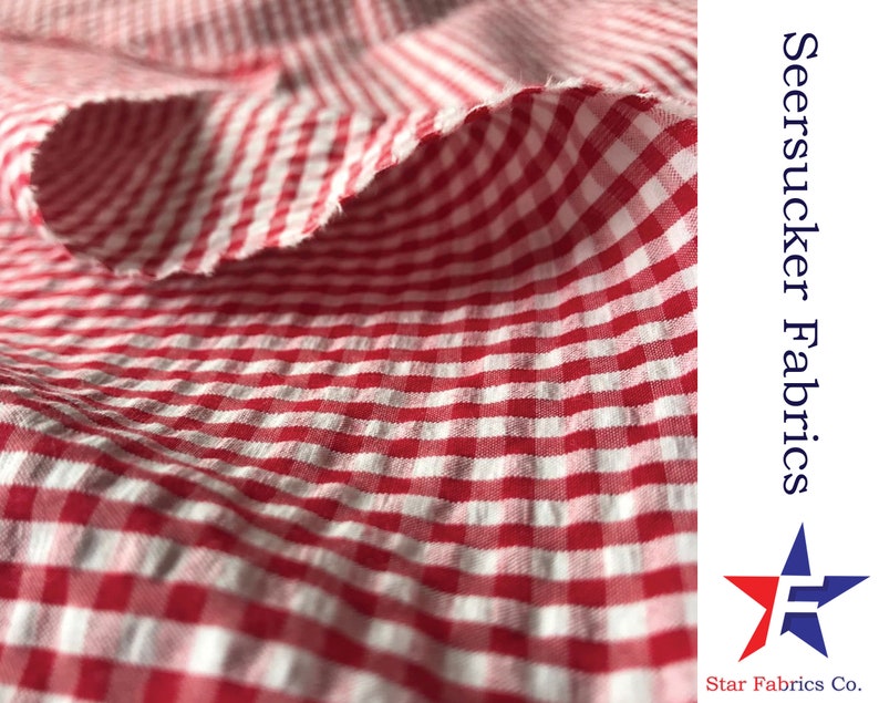 May include: Red and white gingham seersucker fabric. The fabric has a textured, crinkled look and feel. Seersucker Fabrics Star Fabrics Co.