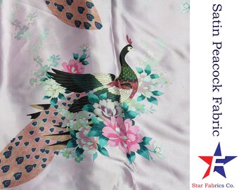 1 Yard Peacock Print Satin Fabric, Upholstery Satin Fabric, Digital Print, Satin curtain, Satin Silk pillow, Home Decor Fabric 44" Width
