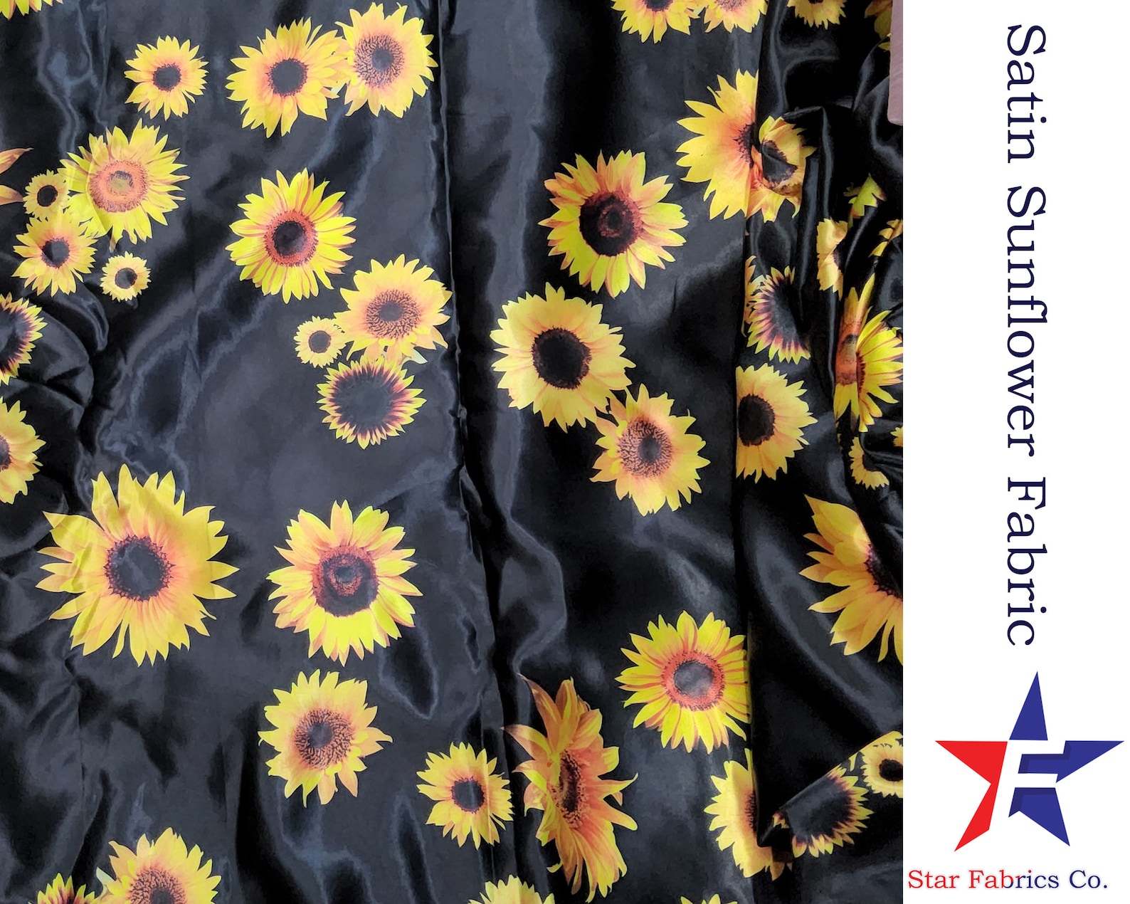 Satin Sunflowers Fabrics Print by the Yard Flowers Plants Field Leaves ...