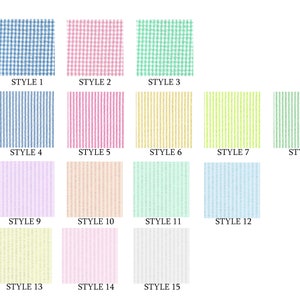 May include: A chart showing 15 different fabric patterns, labeled "Checks", "Strips", and "Plains". Each pattern is a different color, including blue, pink, green, yellow, and white.