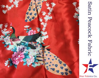 Peacock Print Satin Fabric by 1 Yard , Upholstery Satin Fabric, Digital Print, Satin curtain, Satin Silk pillow, Home Decor Fabric 44" Width