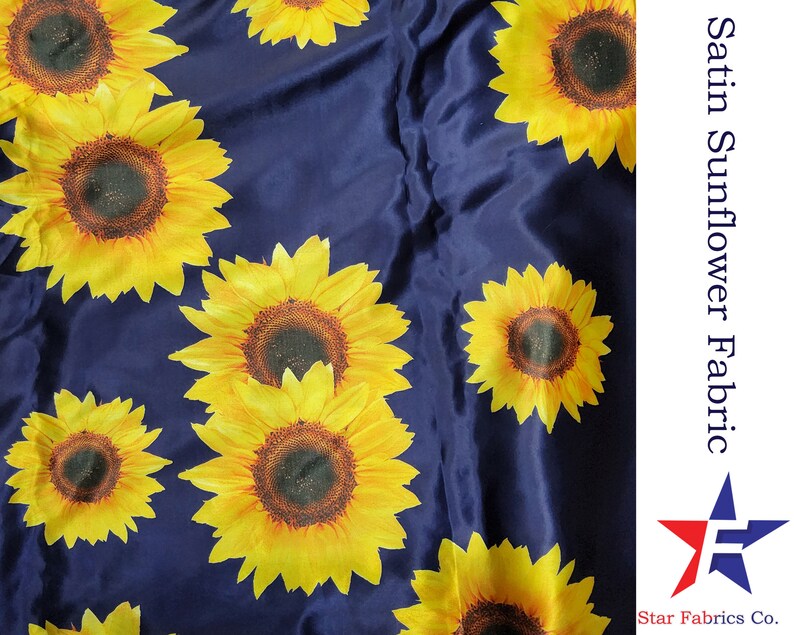 Satin Sunflowers Fabrics Print by the Yard Flowers Plants Field Leaves ...
