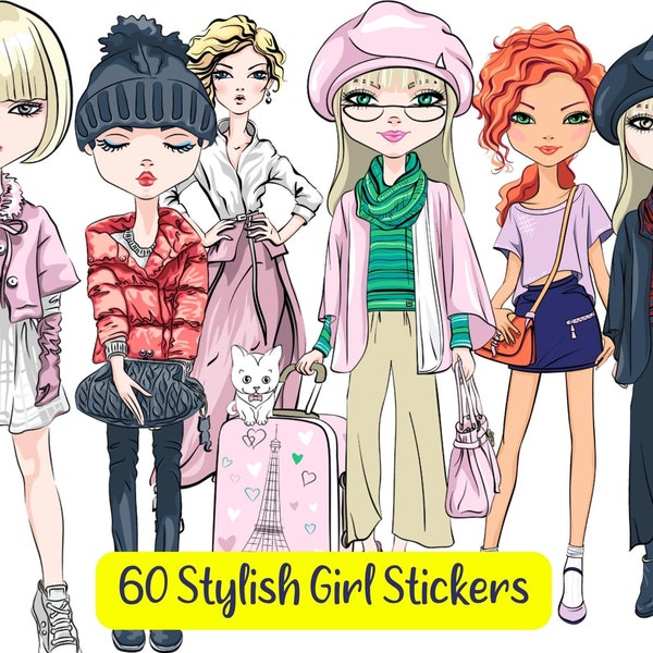 60 Stylish and fashionable Girl Stickers for Digital Planners |GoodNotes Pre-cropped Sticker Book | High-Quality PNG Files