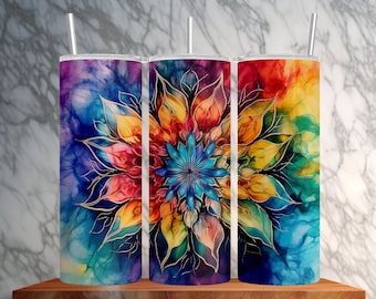 Alcohol Ink Painted Colorful Mandala 20oz Skinny Tumbler Wrap Sublimation Design |  Instant Download PNG | Straight - Tapered