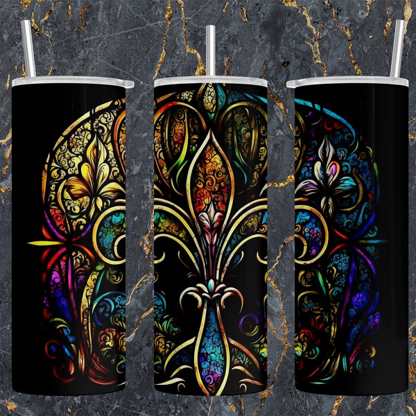 Glas in lood geschilderd Fleur De Lis 20oz mager tuimelaar sublimatie ontwerp | Bloemen | Bloemen - PNG direct downloaden | Recht - Taps toelopend