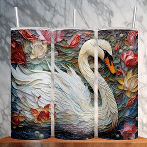 3D Texture Painted Swan in Paper Quill Style 20oz Skinny Tumbler Wrap Sublimation Design Instant Download PNG Straight Tapered image 1