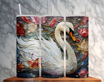 3D Texture Painted Swan in Paper Quill Style 20oz Skinny Tumbler Wrap Sublimation Design | Instant Download PNG | Straight - Tapered