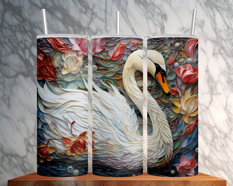 3D Texture Painted Swan in Paper Quill Style 20oz Skinny Tumbler Wrap Sublimation Design Instant Download PNG Straight Tapered image 1