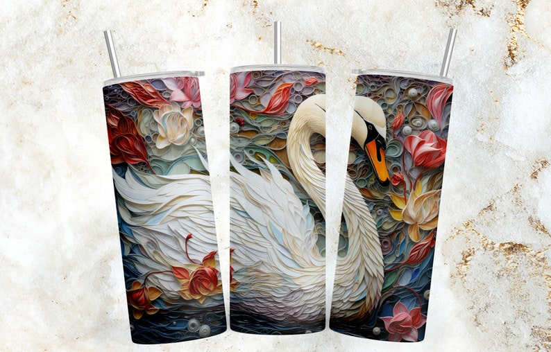 3D Texture Painted Swan in Paper Quill Style 20oz Skinny Tumbler Wrap Sublimation Design Instant Download PNG Straight Tapered image 3