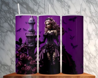 Goth Barbie 20oz Skinny Tumbler Wrap Sublimation Design | Gothic | Black | Bats | Halloween Instant Download PNG | Straight - Tapered