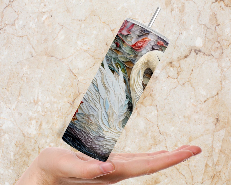 3D Texture Painted Swan in Paper Quill Style 20oz Skinny Tumbler Wrap Sublimation Design Instant Download PNG Straight Tapered image 2