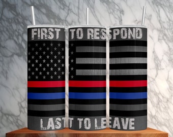 Firefighters & Police USA Flag 20oz Skinny Tumbler Wrap Sublimation Design | First Responders | Instant Download PNG | Straight - Tapered