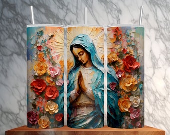 3D Painted Our Lady Virgin of Guadalupe - Floral 20oz Skinny Tumbler Wrap Sublimation Design | Instant Download PNG | Straight - Tapered
