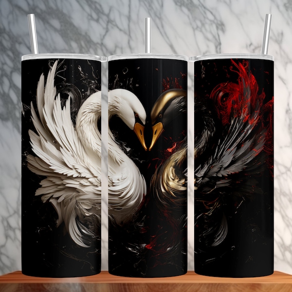 Black and White Swans with Gold 20oz Skinny Tumbler Wrap Sublimation Design | Birds | Instant Download PNG | Straight - Tapered