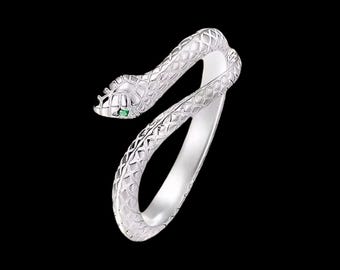 Sterling Silver Snake Ring, Adjustable Open Band Ring for Women, Serpent Jewelry Gift, Gothic Punk Fashion, Birthday Gift for Her