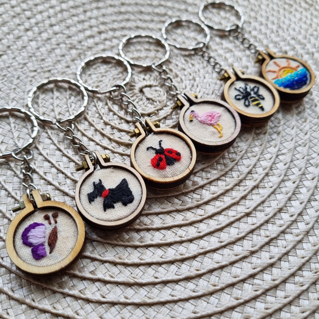 Hand Embroidered Keyrings, Wooden Keyring, Embroidery Keyring, Mini ...
