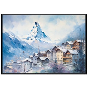 Oil Painting Switzerland Mountain Wall Art Swiss Alps Framed Poster Painting Matterhorn Travel Print Zermatt Swiss Mountains Wall Art Gift