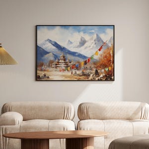 Mountain Majesty: Himalaya-gebergte met kloosterolieverfschilderij - Mount Everest-kunstdruk, kant-en-klaar muurdecor Cadeau bergliefhebber afbeelding 5
