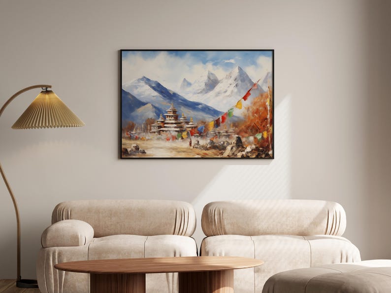 Mountain Majesty: Himalaya-gebergte met kloosterolieverfschilderij - Mount Everest-kunstdruk, kant-en-klaar muurdecor Cadeau bergliefhebber afbeelding 5