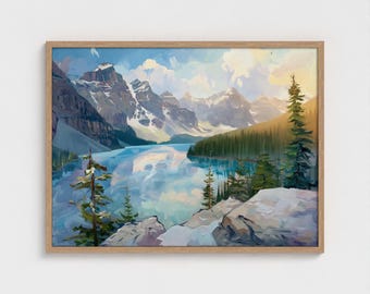 Banff National Park Painting Art Print Canadian Rockies Landscape Wall Art Canada Travel Poster Banff  Scenery Ready to Hang Framed Art