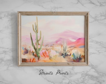Southwest Desert Landscape Oil Painting | Downloadable Print | Preppy Pink Art Decor | Cactus Wall Art | Instant Digital Download
