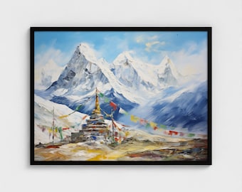 Heilige sereniteit: boeddhistische stoepa met olieverfschilderij Himalayagebergte - klaar om op te hangen muurkunst Mount Everest-schilderij