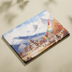 Mountain Majesty: Himalaya-gebergte met kloosterolieverfschilderij - Mount Everest-kunstdruk, kant-en-klaar muurdecor Cadeau bergliefhebber afbeelding 9
