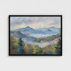 Pintura al óleo de las Grandes Montañas Humeantes, Parque Nacional, Impresión de montaña, Decoración de pared de la naturaleza de las Grandes Montañas Humeantes en otoño, lista para colgar, Marco de madera