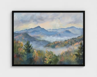 Great Smoky Mountains Oil Painting, National Park, Mountain Print, Autumn Great Smoky Mountain Nature Wall Decor Ready to Hang Wooden Frame