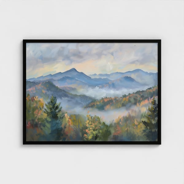 Obraz olejny z motywem górskim Great Smoky Mountains, Park Narodowy, Druk górski, Jesienna dekoracja ścienna z motywem przyrody Great Smoky Mountains, gotowa do powieszenia, drewniana rama
