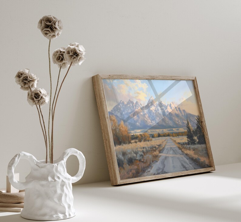 Dipinto del Parco Nazionale del Grand Teton, decorazione western, stampa di montagna, decorazione murale naturalistica, dipinto sulla strada del Grand Teton, decorazione murale con paesaggio montano immagine 3
